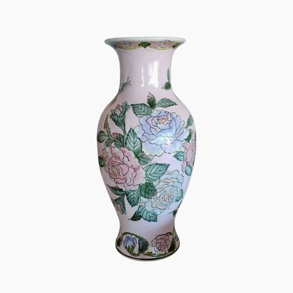 Vintage Toyo Porcelain Famille Rose Vase, Pink Embossed Floral Flowers Macau 10" - Picture 8 of 9